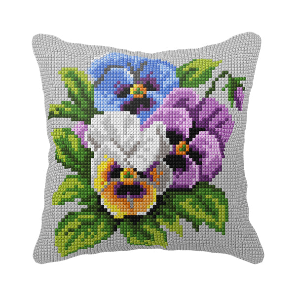 Stitched pansies cushion front