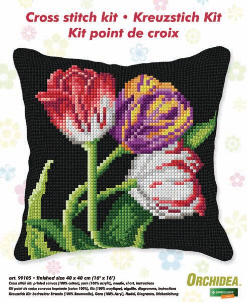 Stitched tulips with black background cushion front