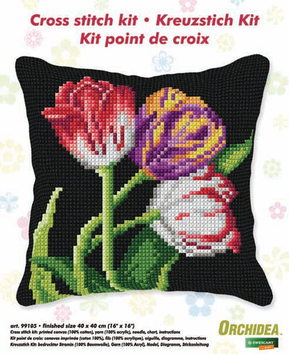 Stitched tulips with black background cushion front