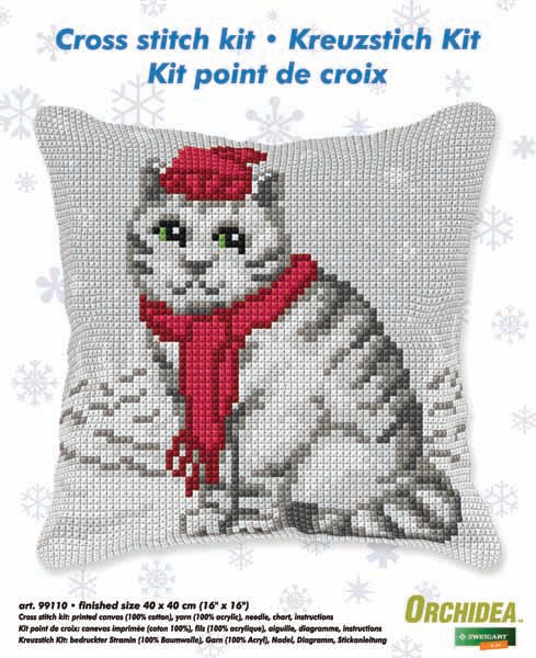 Finished cat in scarf and hat cross stitch cushion from the Orchidea kit
