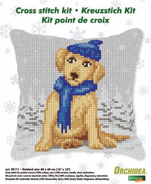 Finished dog in scarf and hat cross stitch cushion from the Orchidea kit