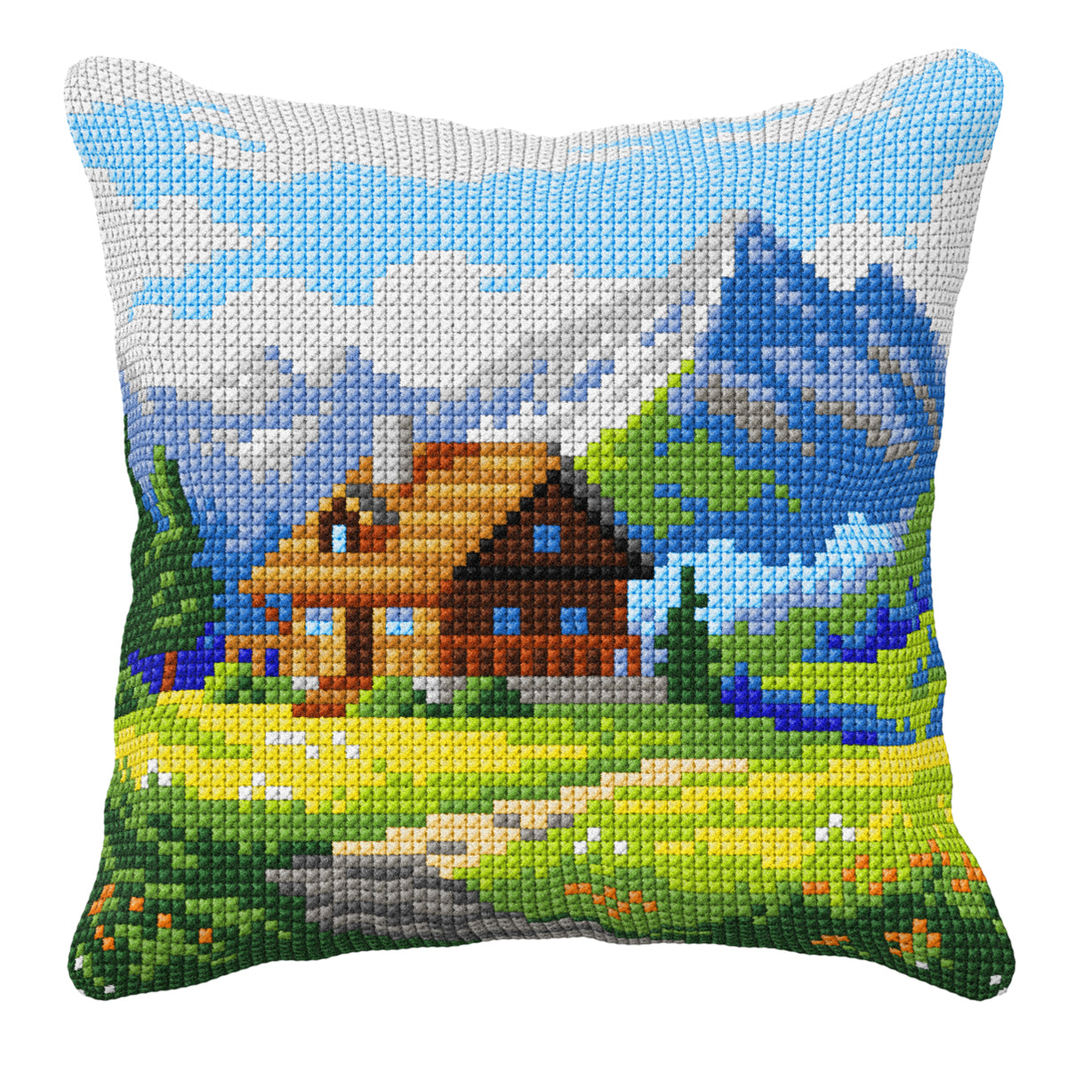Finished mountain landscape cross stitch cushion from the Orchidea kit