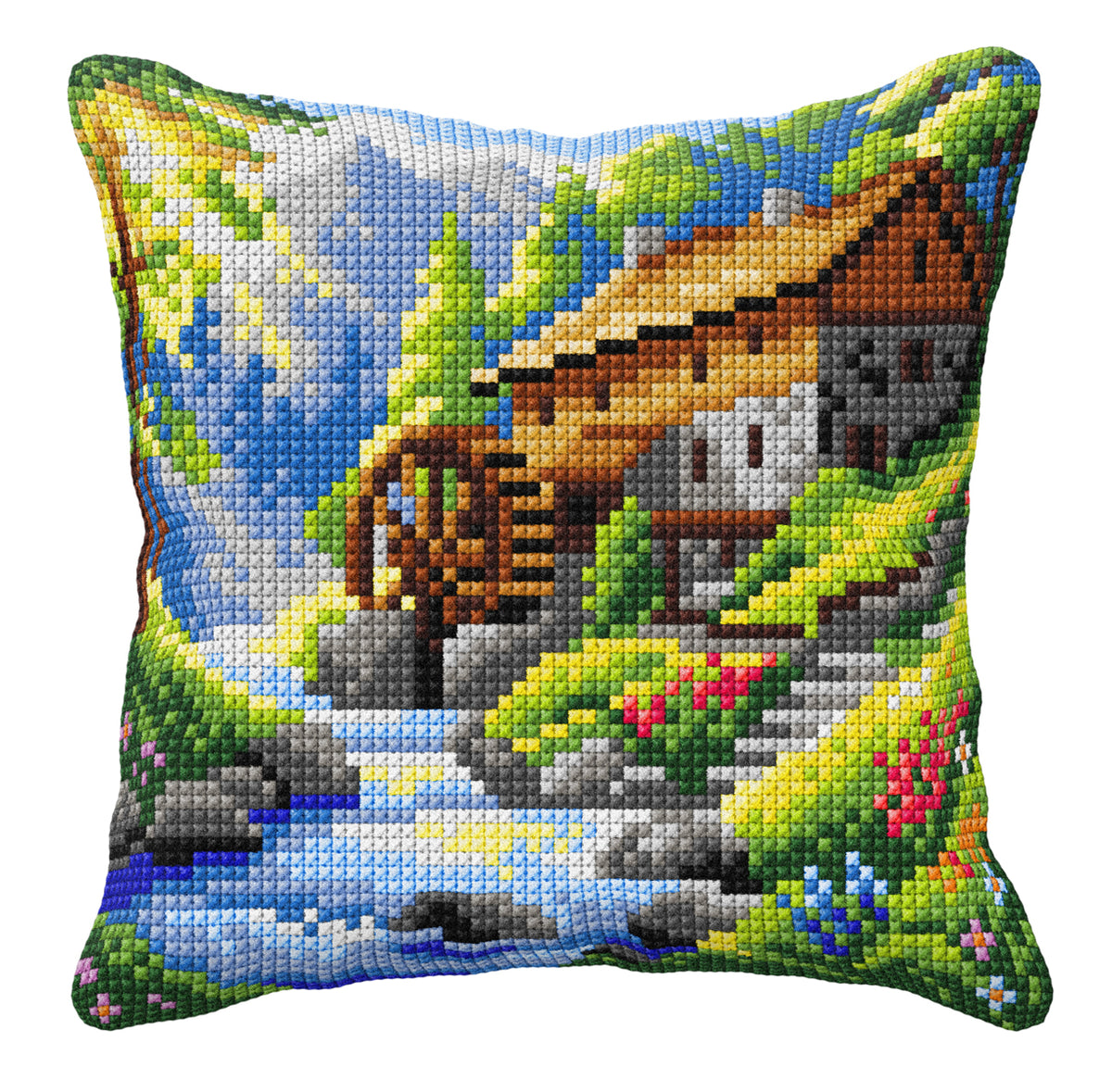 Finished water mill cross stitch cushion from the Orchidea kit