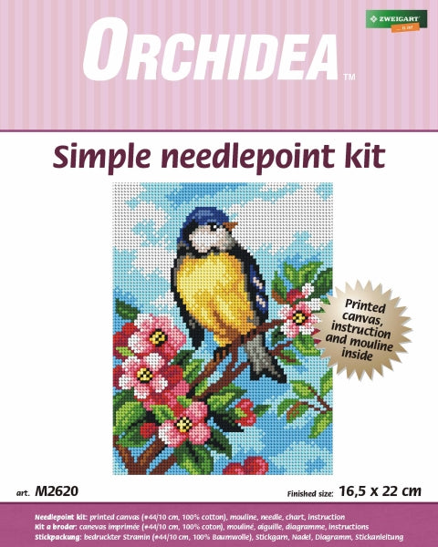 Orchidea blue tits embroidery kit design on printed canvas