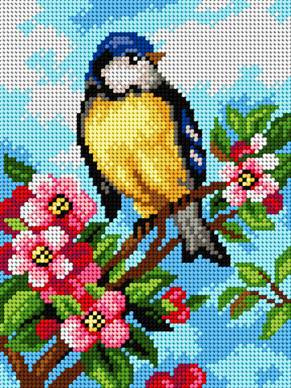 Orchidea blue tits embroidery kit design on printed canvas