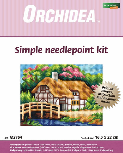 Orchidea landscape with bridge embroidery kit design on printed canvas