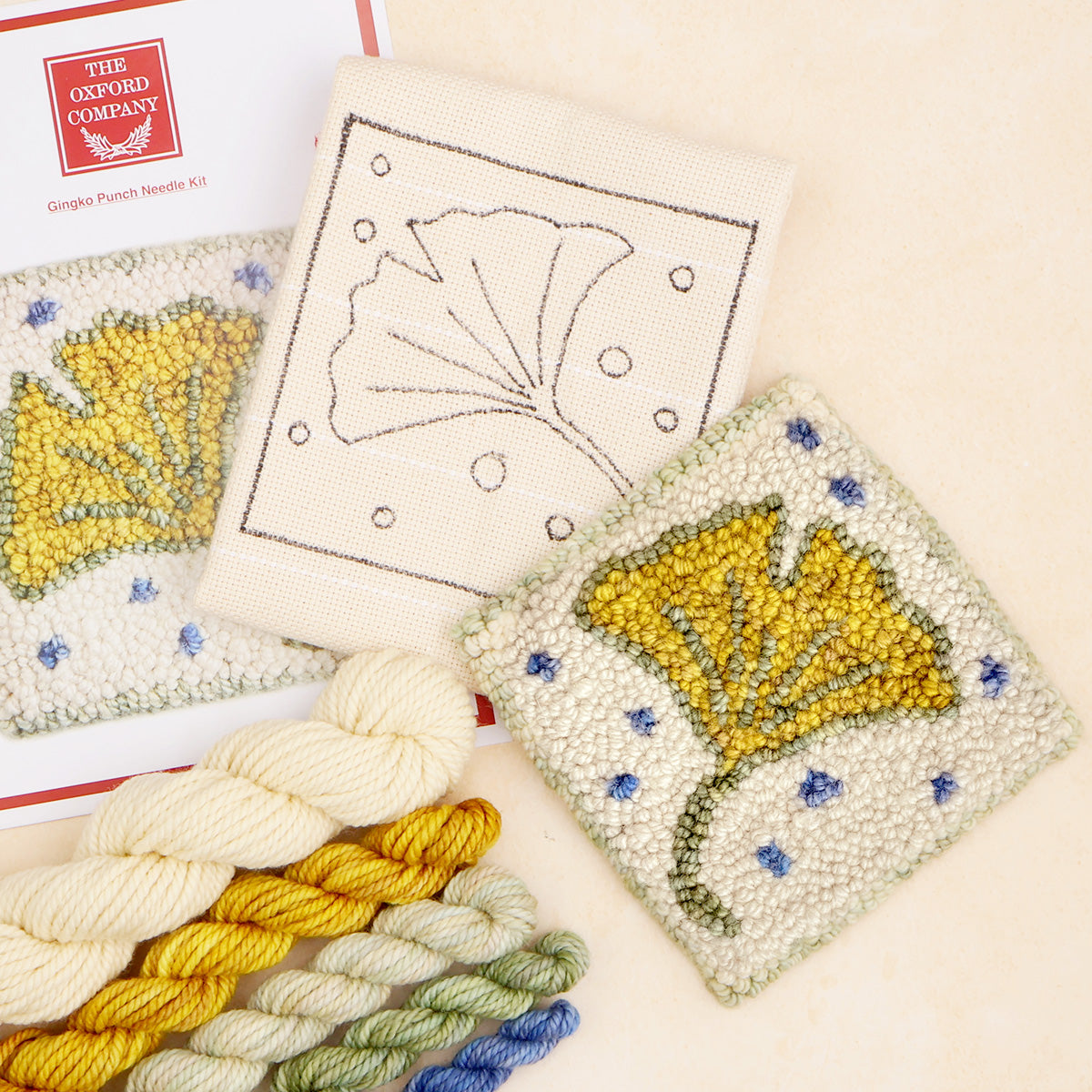 Finished gingko punch needle design in wool yarn