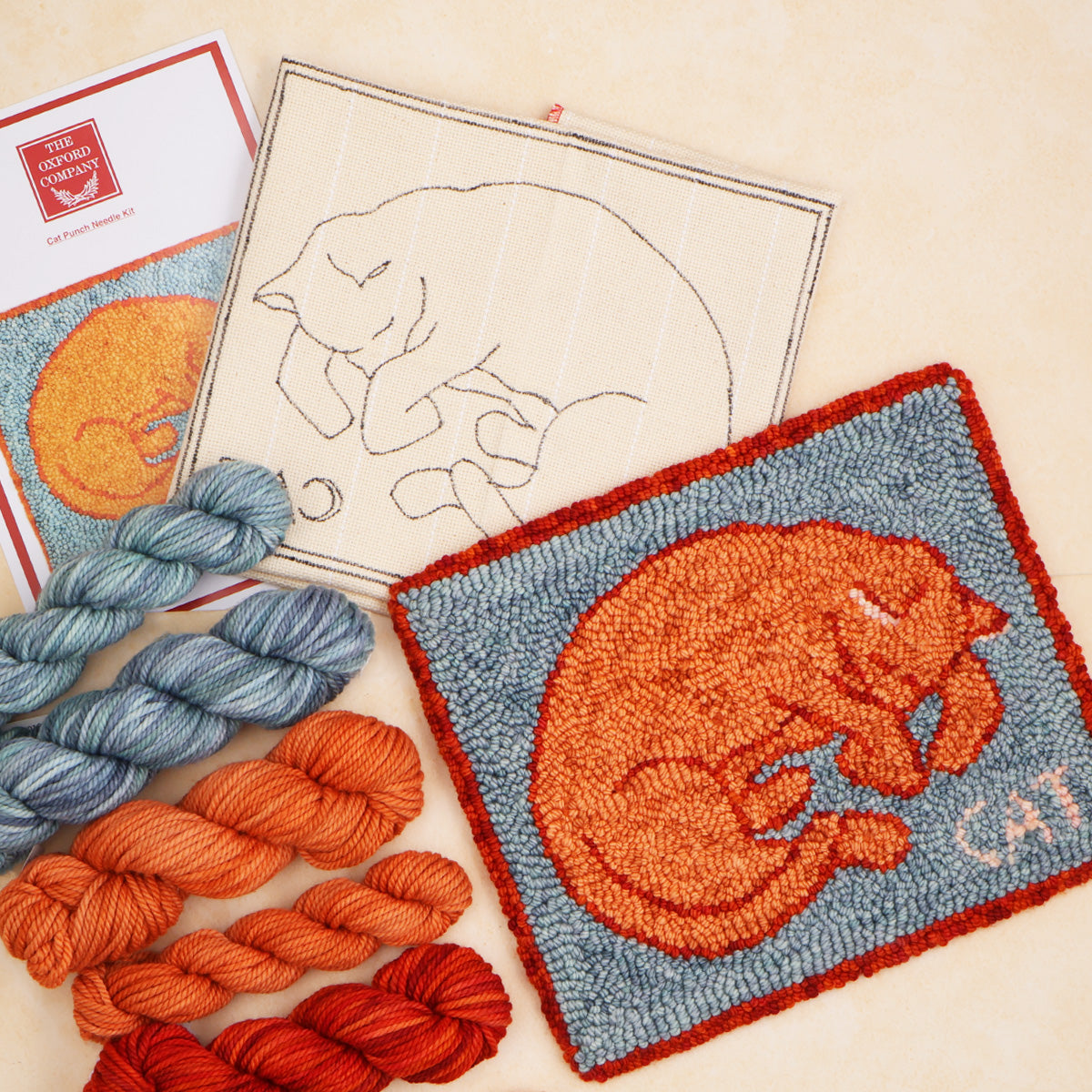 Finished cat punch needle design in wool yarn