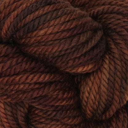 Skein of variegated Dark Roast rug weight punch needle wool yarn