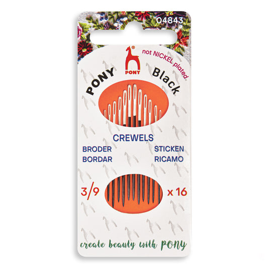 Folder of Pony black crewel needles with white eyes