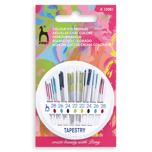 Pony tapestry needles with coloured eyes in a round compact