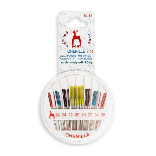 Pony chenille needles with coloured eyes in a round compact