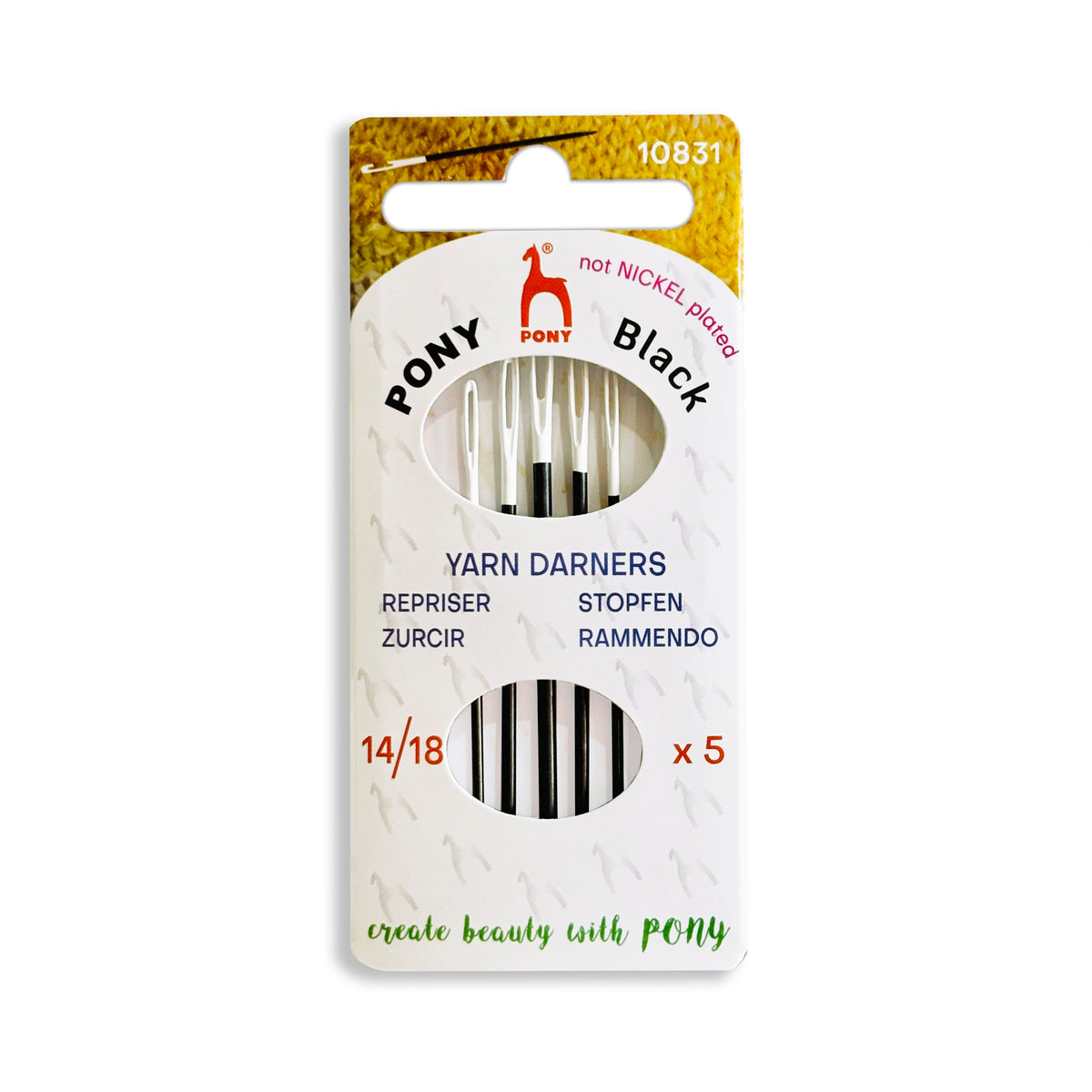 Pony black yarn darning needles with white eyes in a folder