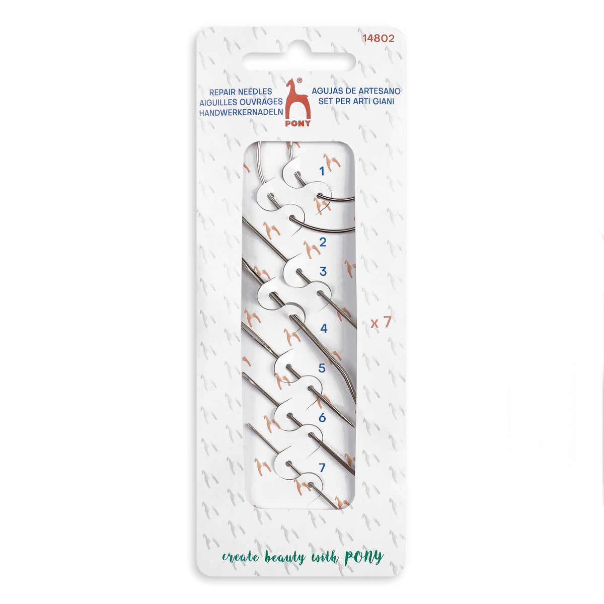 Card of 7 assorted Pony repair needles including curved needles