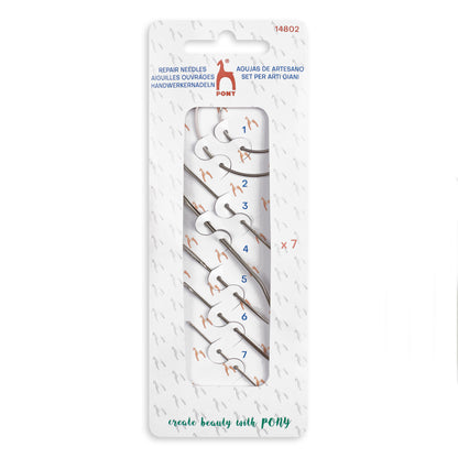 Card of 7 assorted Pony repair needles including curved needles