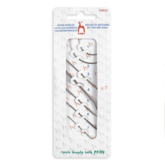 Card of 7 assorted Pony repair needles including curved needles
