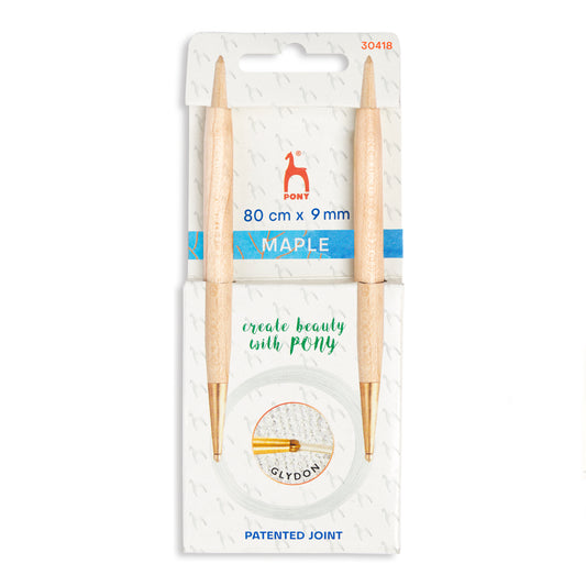 Pony maple wood circular knitting needles with clear cable, 9mm