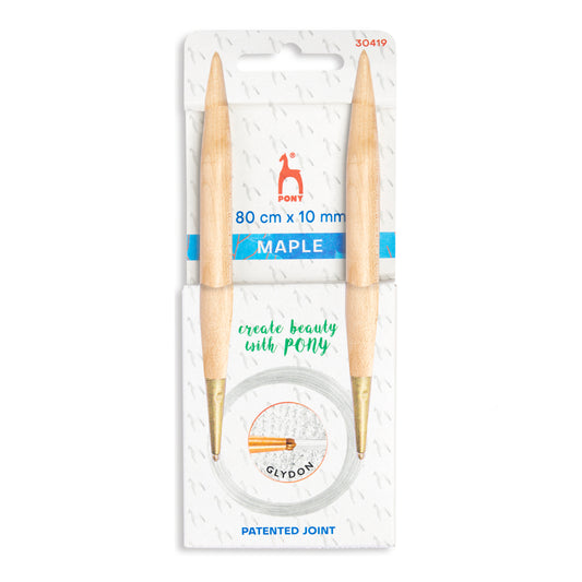 Pony maple wood circular knitting needles with clear cable, 10mm