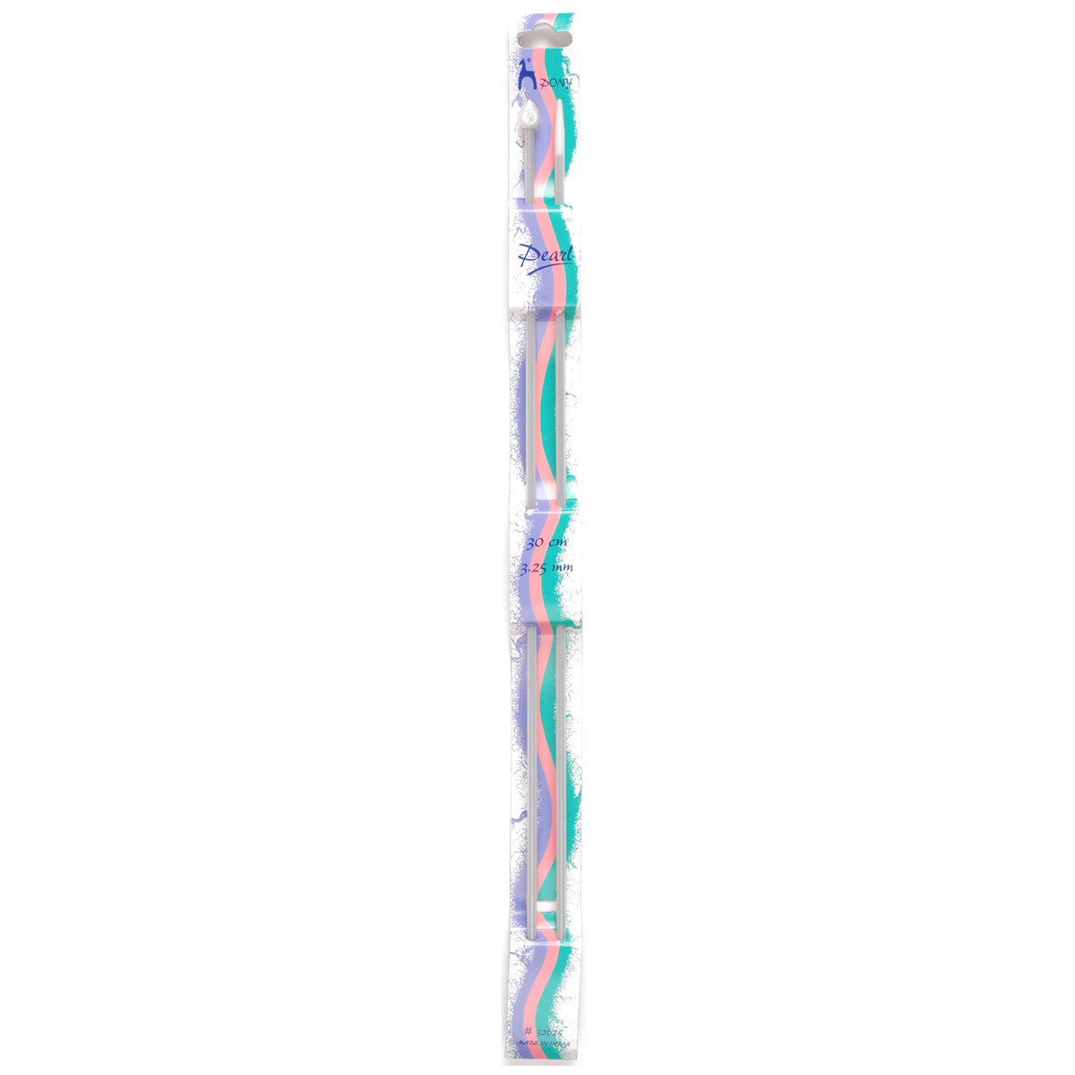 Pair of Pony Pearl coloured plastic knitting needles, 3.25mm x 30cm