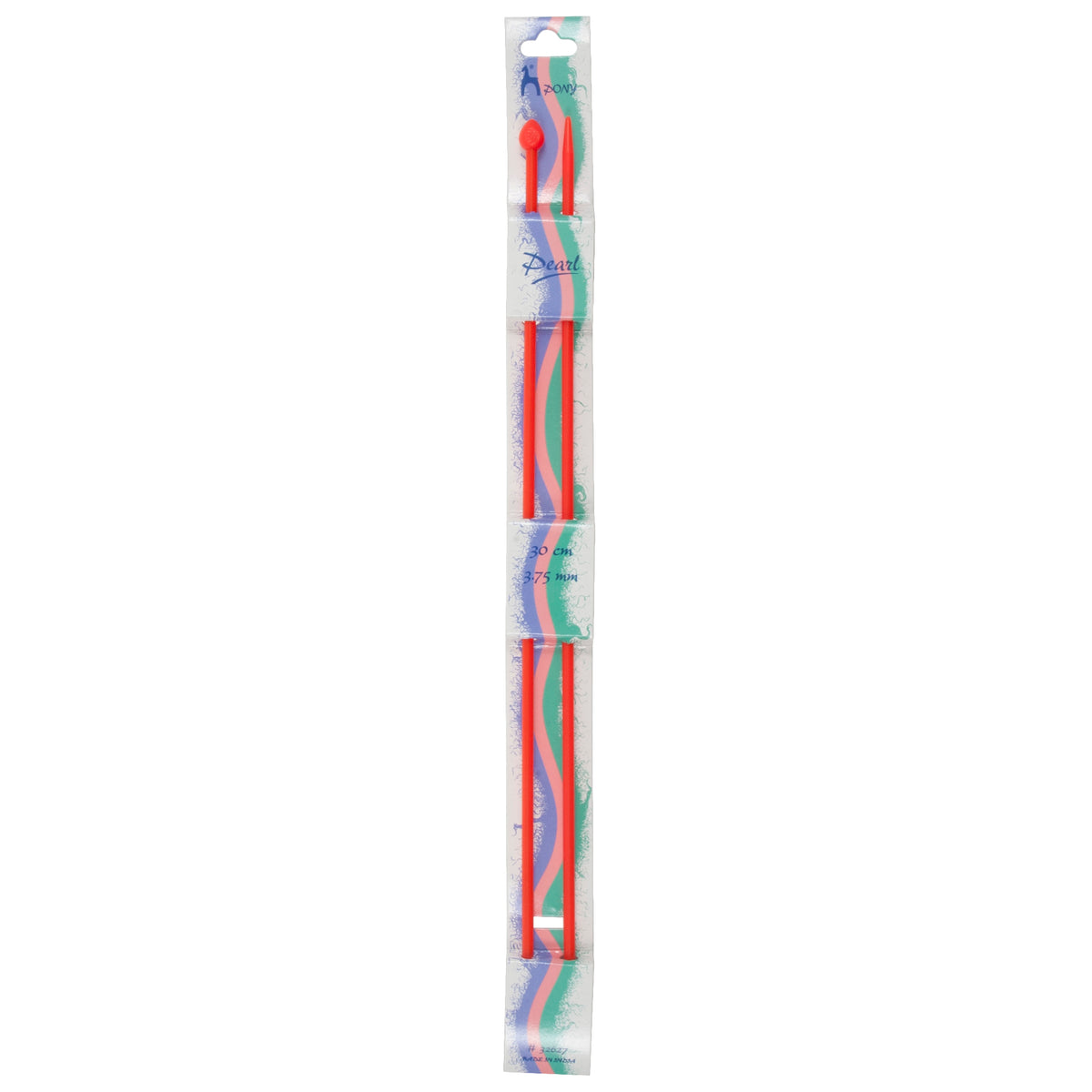Pair of Pony Pearl coloured plastic knitting needles, 3.75mm x 30cm