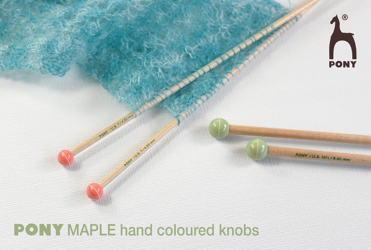 Pair of Pony maple wooden knitting needles 4.5mm with painted knobs