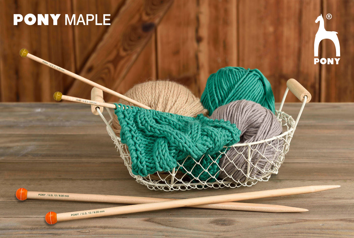 Pair of Pony maple wooden knitting needles 5mm with painted knobs