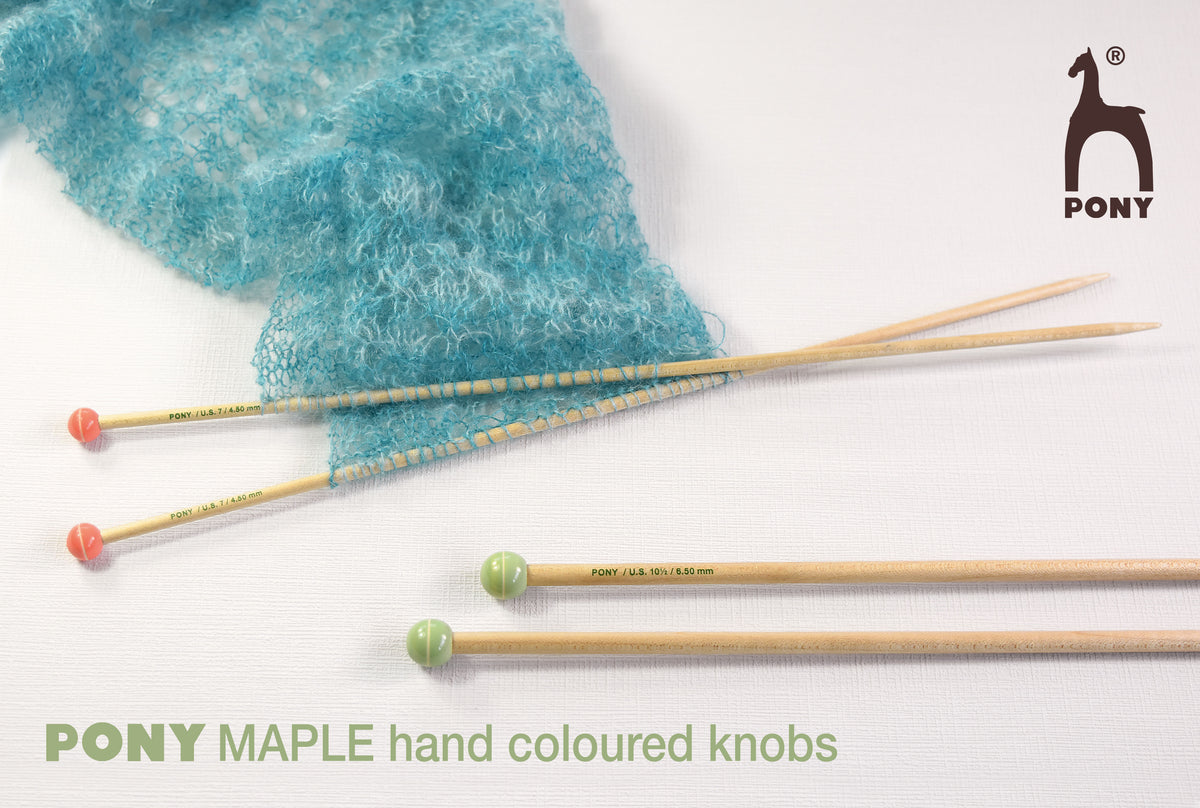 Pair of Pony maple wooden knitting needles 6.5mm with painted knobs