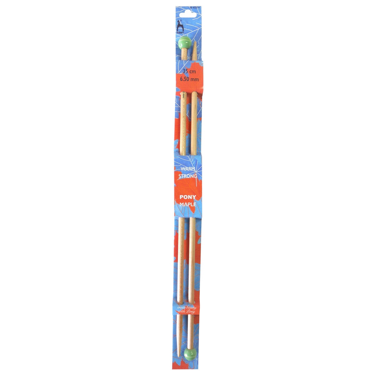 Pair of Pony maple wooden knitting needles 6.5mm with painted knobs