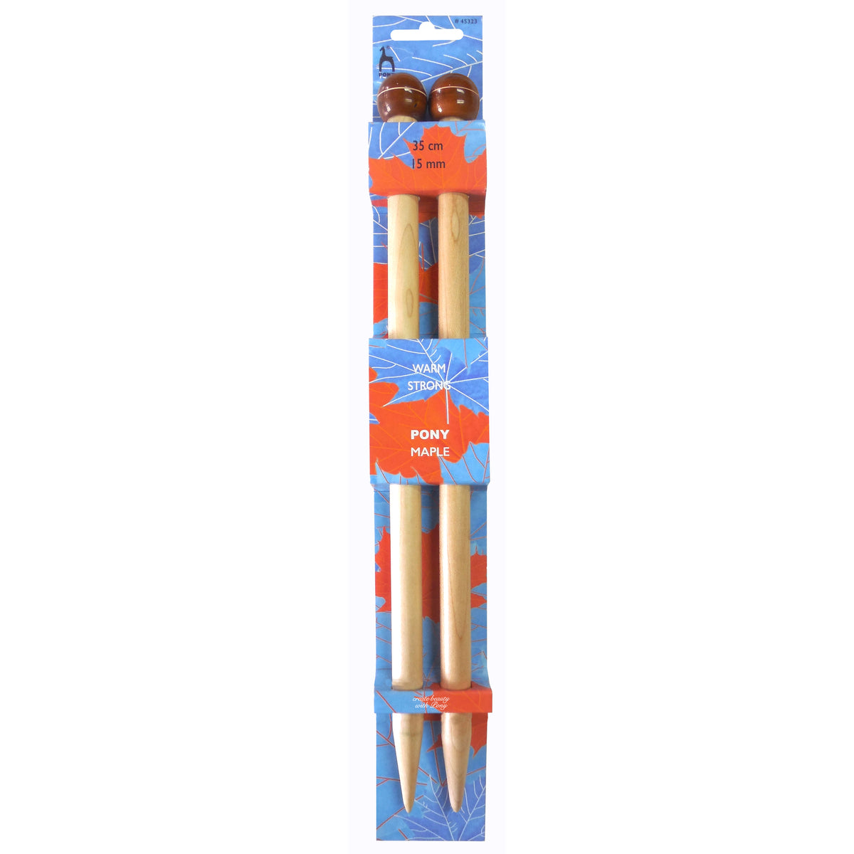 Pair of Pony maple wooden knitting needles 15mm with painted knobs