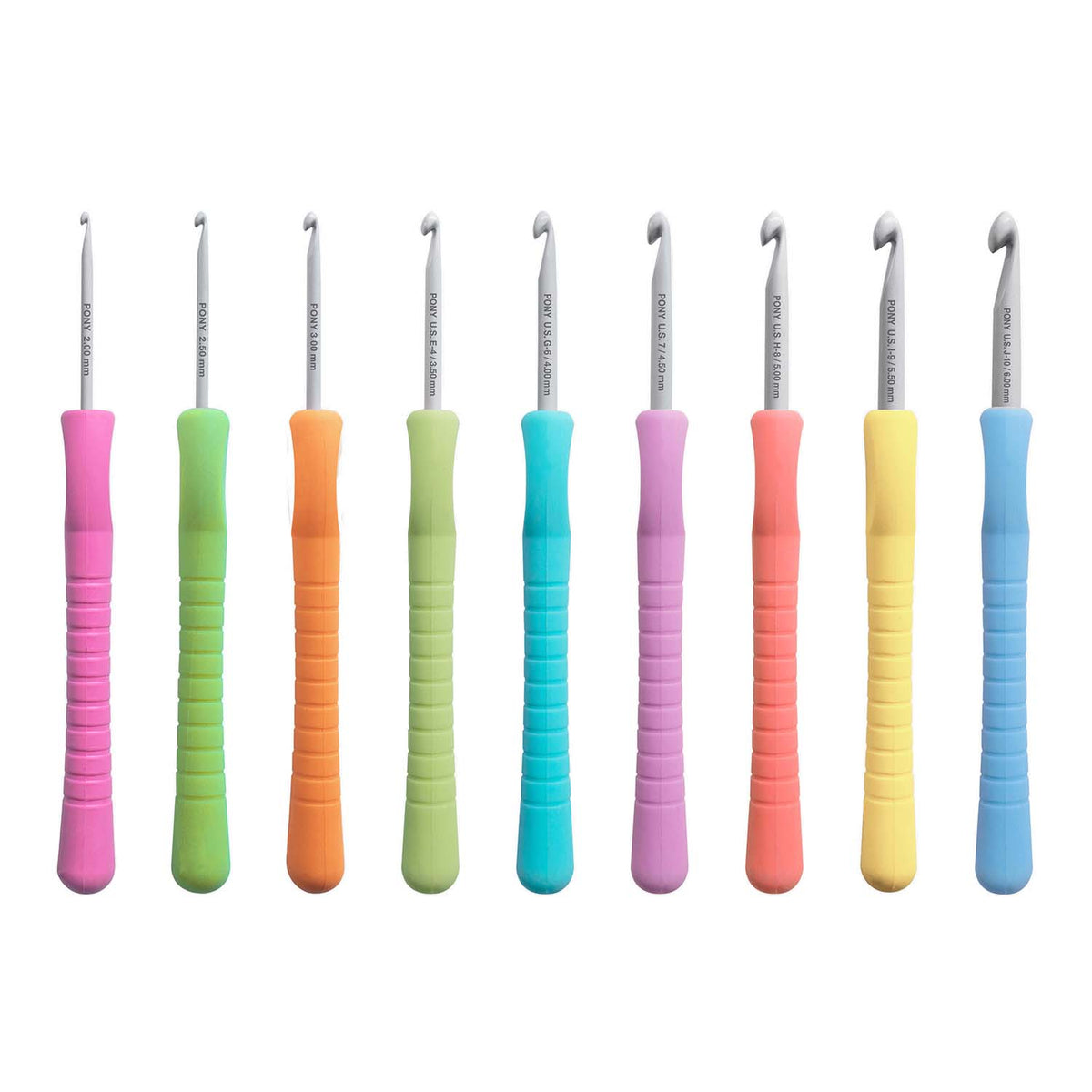 Pony Easy Grip set of 9 crochet hooks with coloured handles in a polka dot box