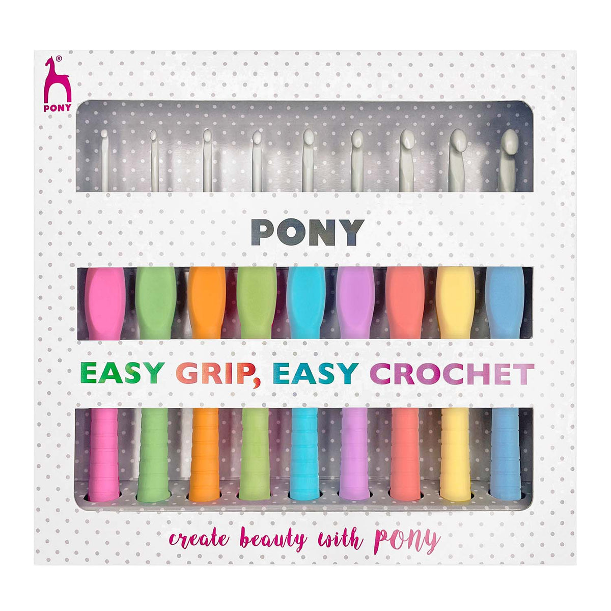 Pony Easy Grip set of 9 crochet hooks with coloured handles in a polka dot box