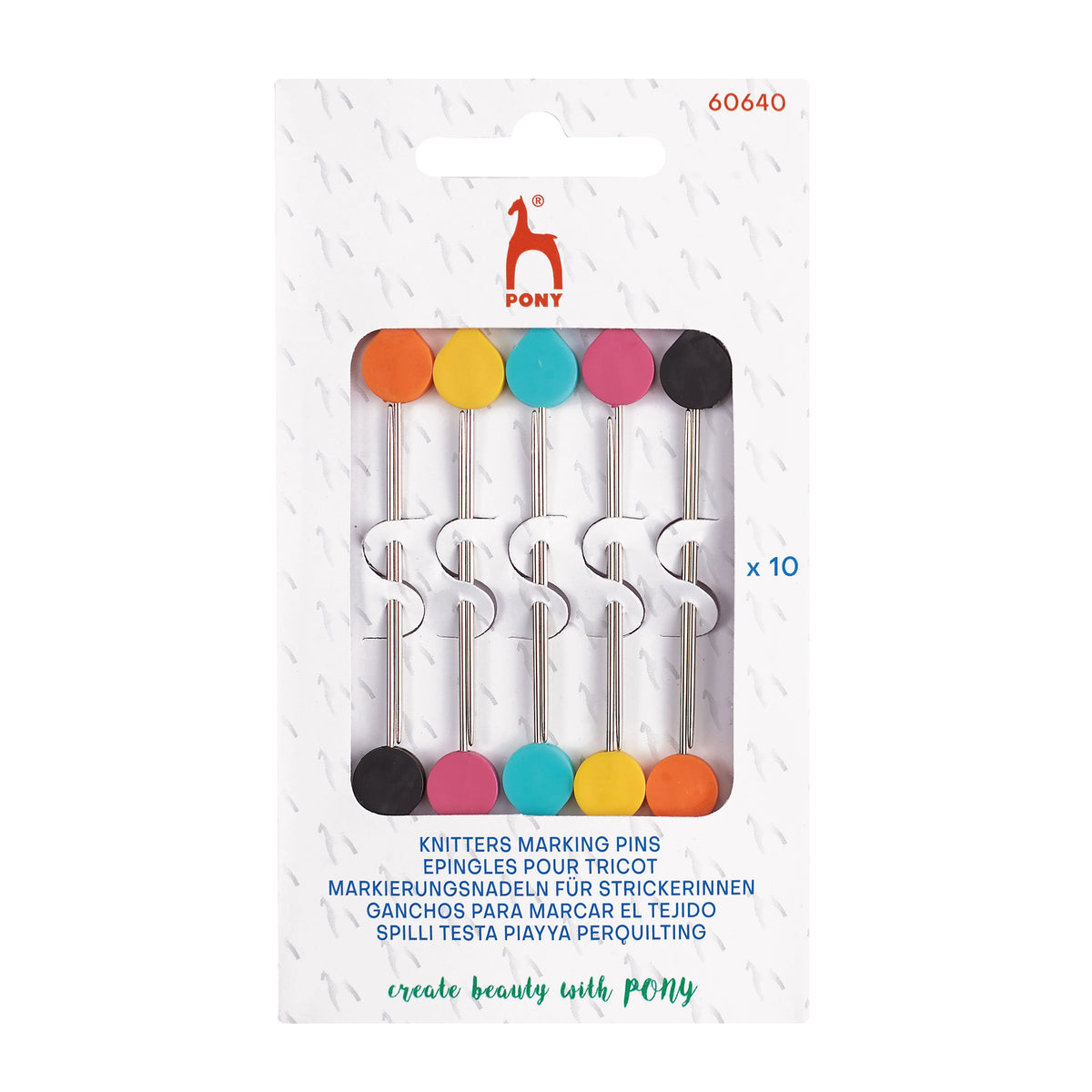 Ten Pony knitters marking pins with coloured heads on a card