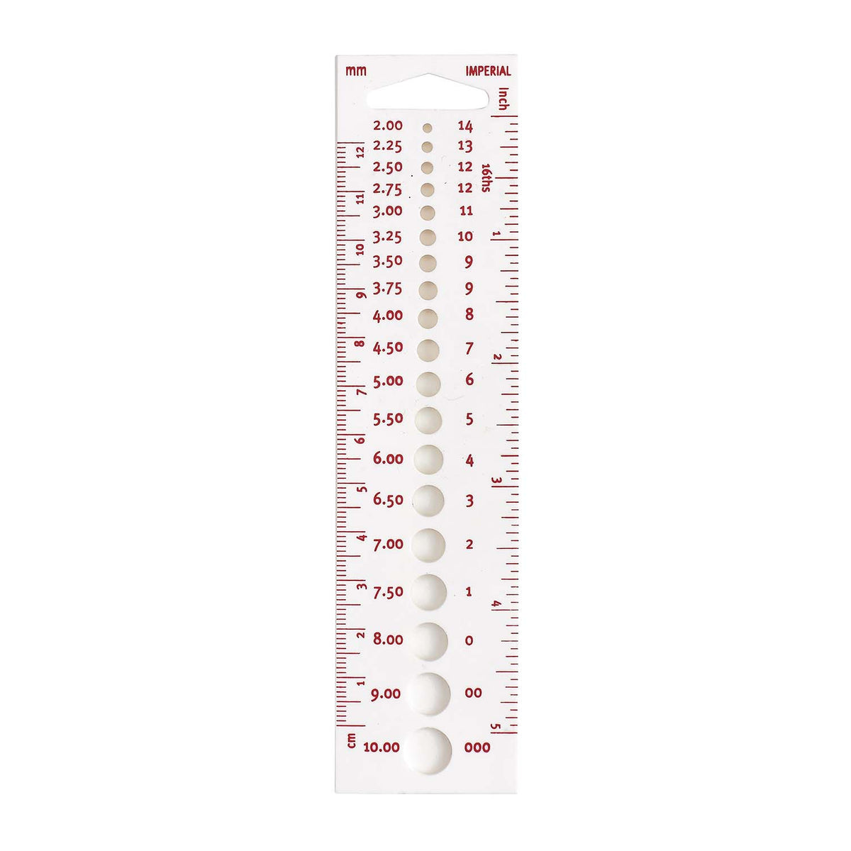 Pony plastic knitting needle gauge with ruler
