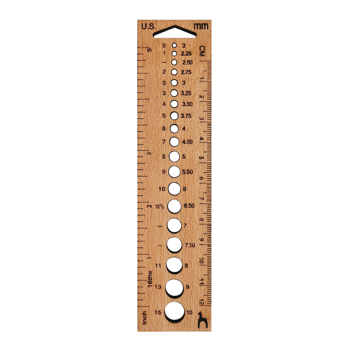 Rectangular wooden knitting gauge with needle holes and ruler markings