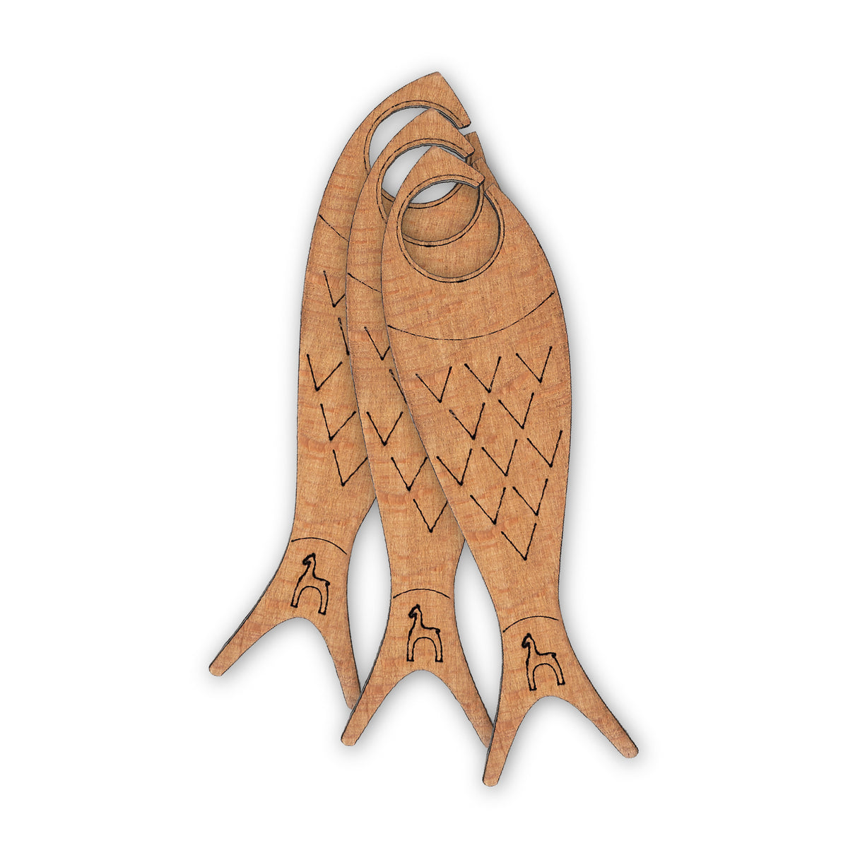 Three fish shaped wooden yarn bobbins