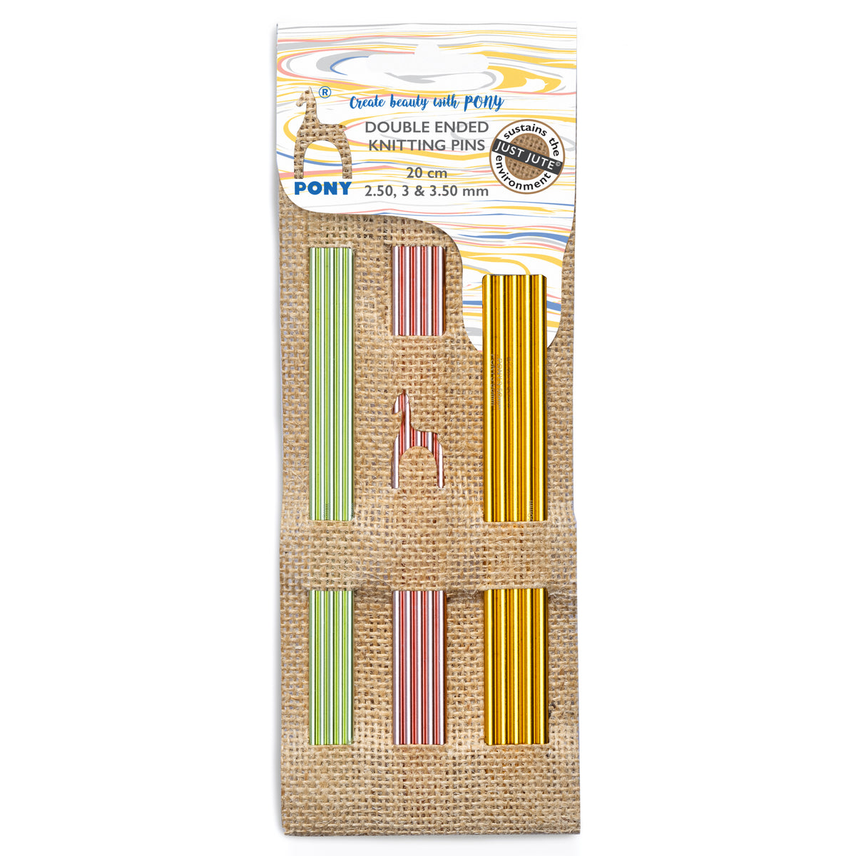 Jute case with colourful aluminium double-pointed knitting needles