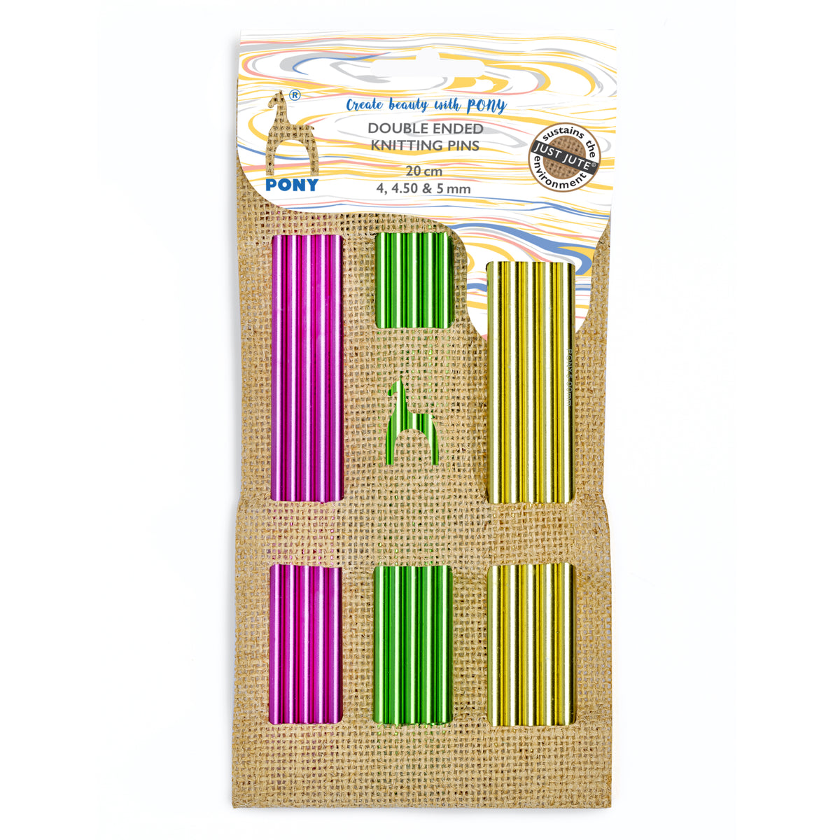 Jute case with colourful aluminium double-pointed knitting needles