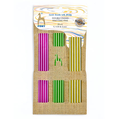 Jute case with colourful aluminium double-pointed knitting needles