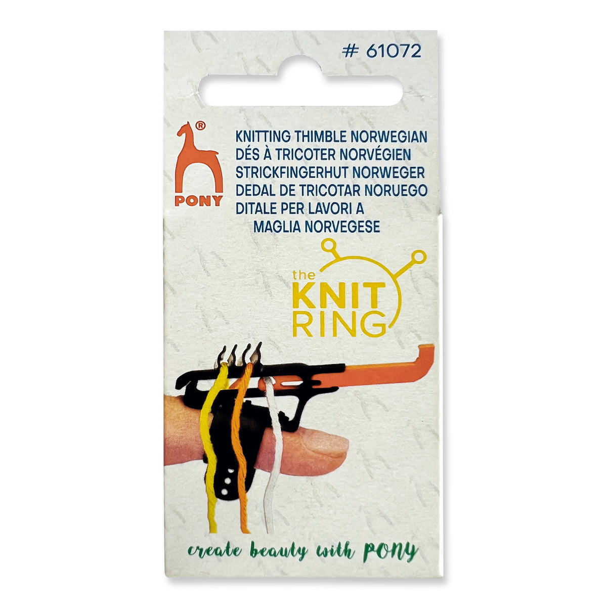 Plastic knitting thimble with yarn guides and adjustable strap