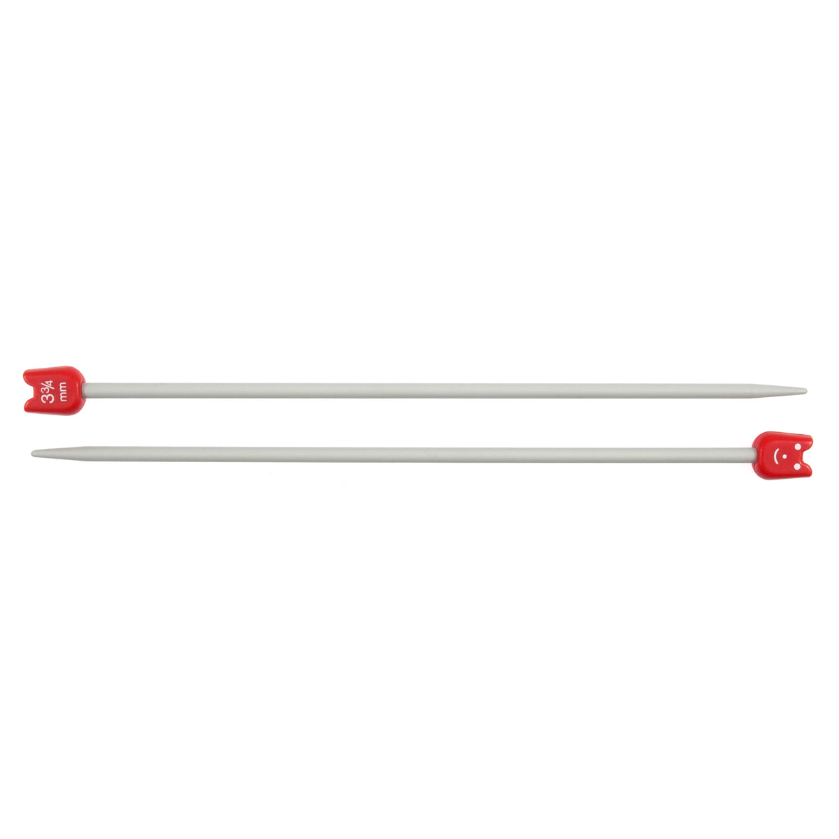 Pair of short aluminium children's knitting needles with smiley face ends