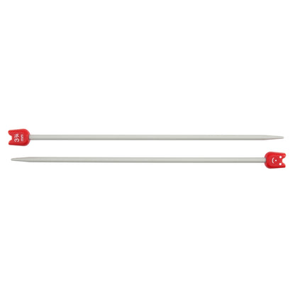 Pair of short aluminium children's knitting needles with smiley face ends