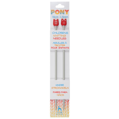 Pair of short aluminium children's knitting needles with smiley face ends