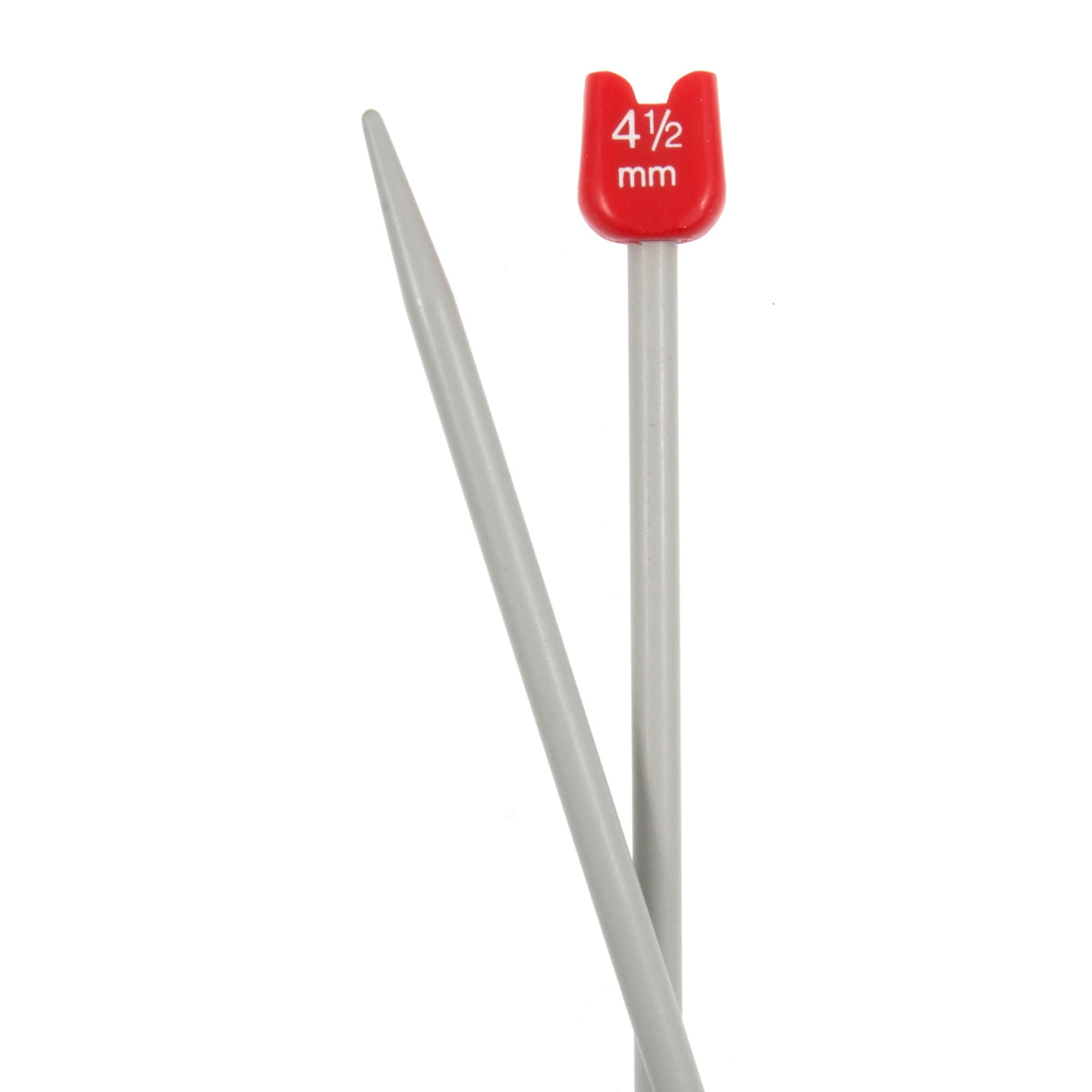 Pair of short aluminium children's knitting needles with smiley face ends