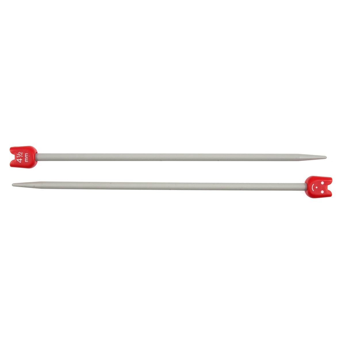 Pair of short aluminium children's knitting needles with smiley face ends