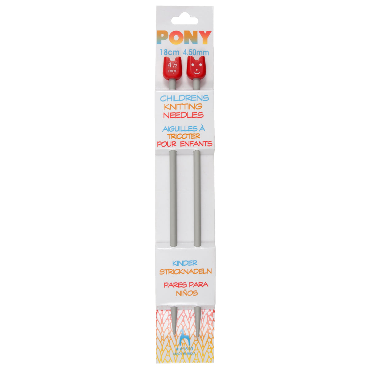 Pair of short aluminium children's knitting needles with smiley face ends