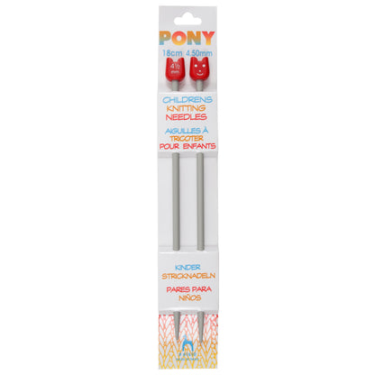 Pair of short aluminium children's knitting needles with smiley face ends