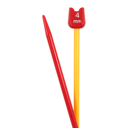 Pair of short coloured plastic children's knitting needles with smiley face ends