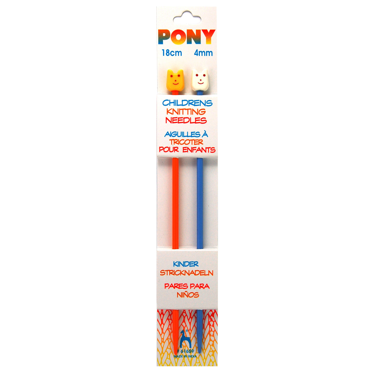 Pair of short coloured plastic children's knitting needles with smiley face ends