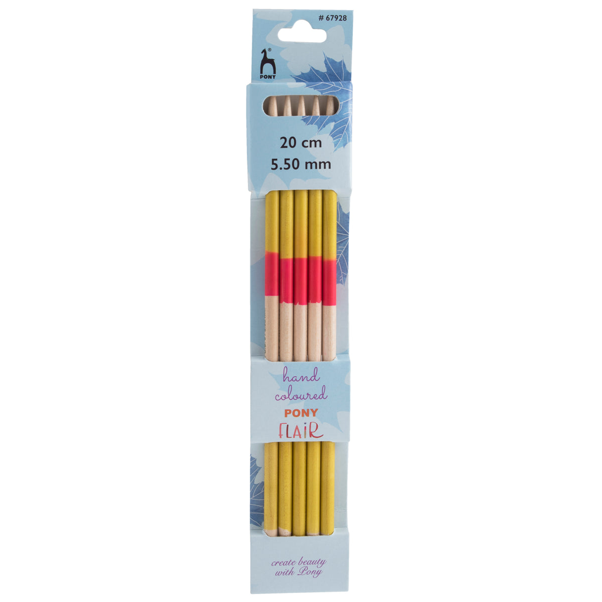 Set of five Pony Flair hand coloured double-pointed knitting needles, 20cm x 5.5mm