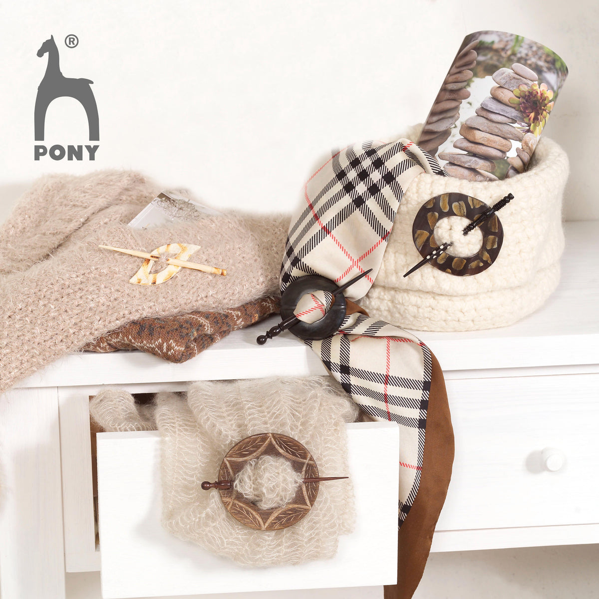 Pony decorative wooden shawl pin with brooch and pin